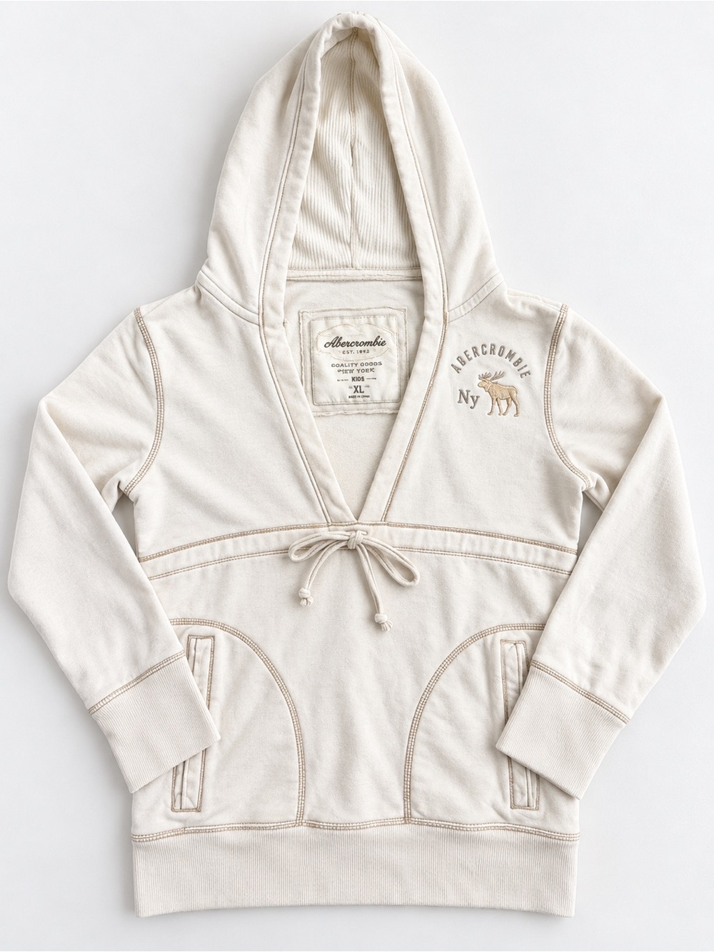 Vintage Y2K abercrombie Kids XL Cream Moose Hoodie V Neck 2000s
